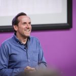 Actor Ben Miller speaks to students during his book event