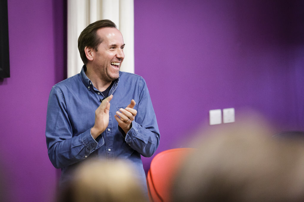 Actor Ben Miller speaks to students during his book event