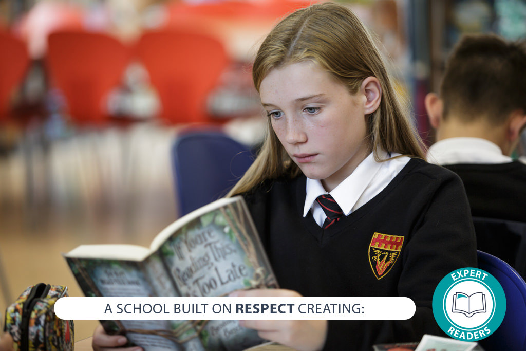 Image of student with text - A school built on RESPECT creating: expert readers