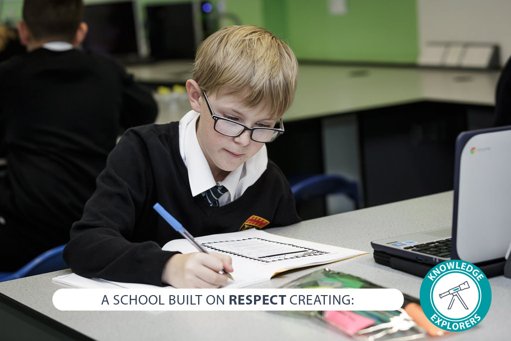 Image of student with text - A school built on RESPECT creating: knowledge explorers