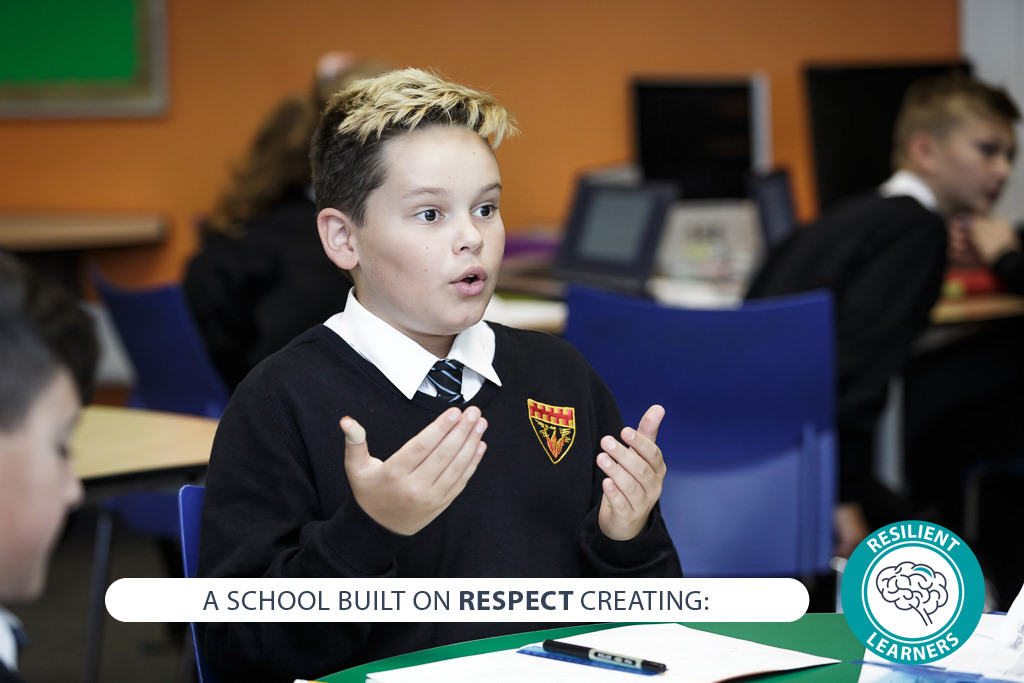 Image of student with text - A school built on RESPECT creating: resilient learners