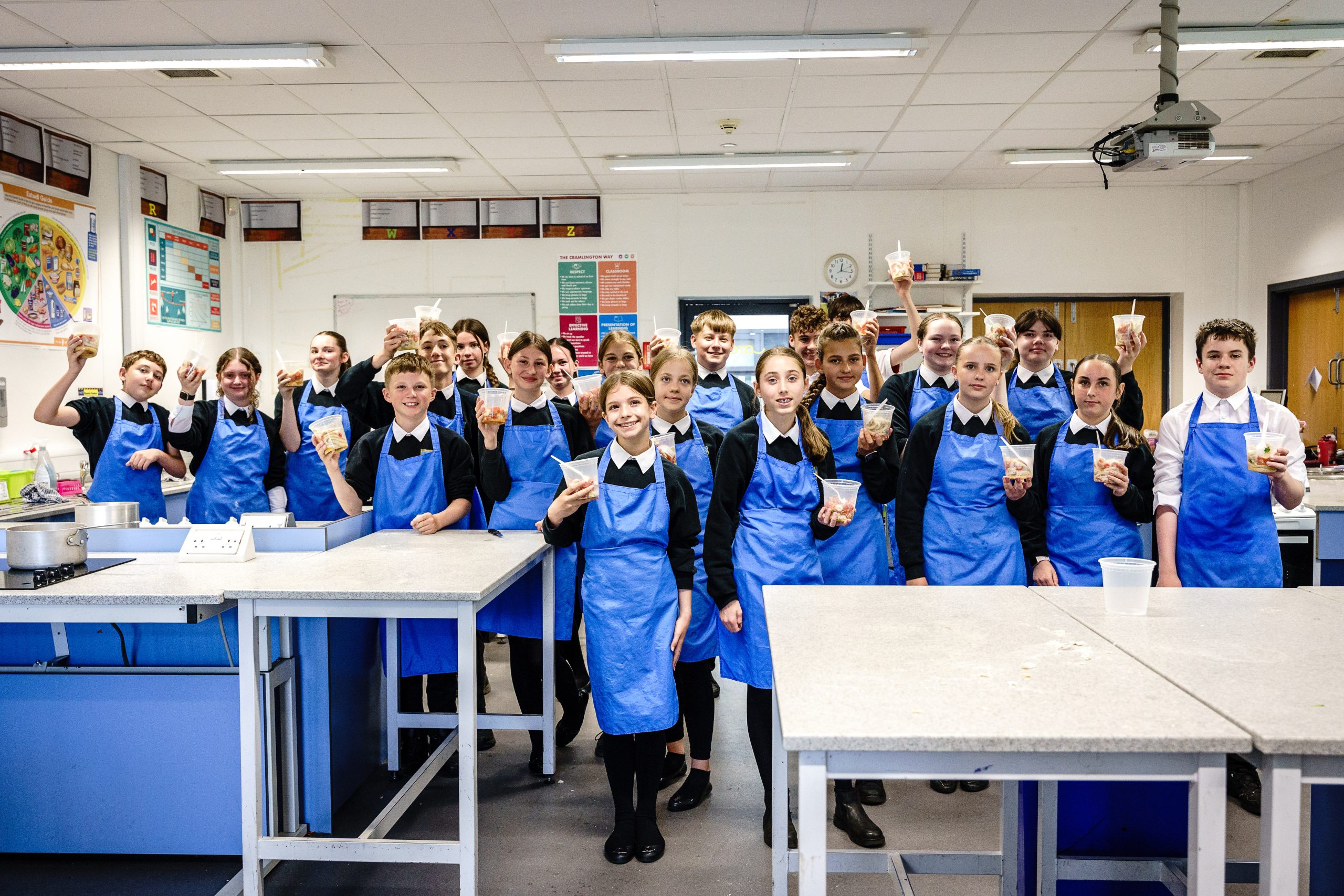 Group image of student holding their completed pasta challenge