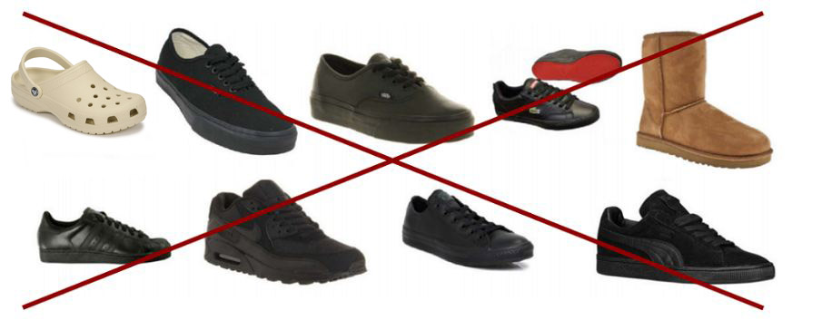 image showing unacceptable footwear including black trainers, leather or suede sports shoes, uggs, crocs and branded sports shoes